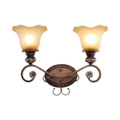 Tan Glass Coffee Wall Mounted Light Floral Shade 1/2-Light Farmhouse Wall Lamp for Corridor