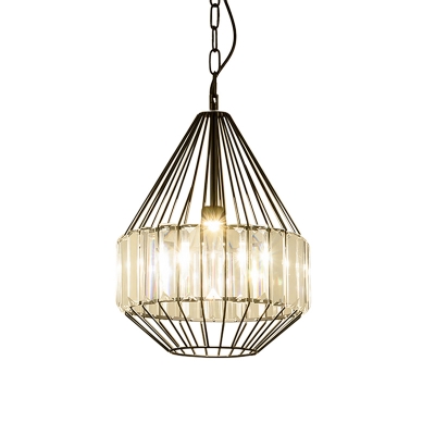 Teardrop/Pear Cage Dining Table Pendant Countryside Crystal 1 Bulb Black Hanging Ceiling Light