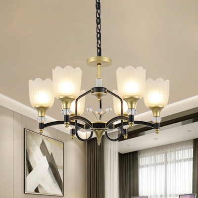 Traditional Flower Shade Hanging Light Kit 3/6 Heads White Frosted Glass Pendant Chandelier in Black and Gold