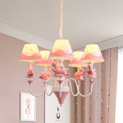 Unicorn Chandelier Light Cartoon Resin 5-Head Kids Room Ceiling Pendant with Cone Fabric Shade in Blue/Pink/Yellow