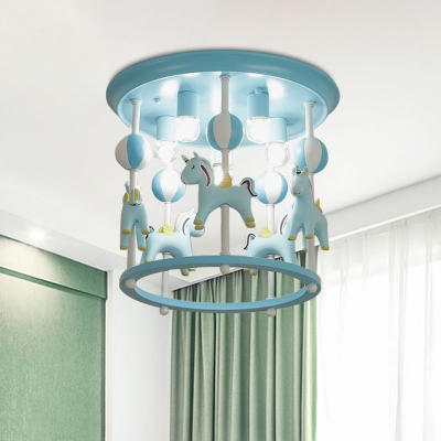 Unicorn Flush Light Fixture with Carrousel Design Cartoon Resin 6 Bulbs Blue/Pink Flush Mount