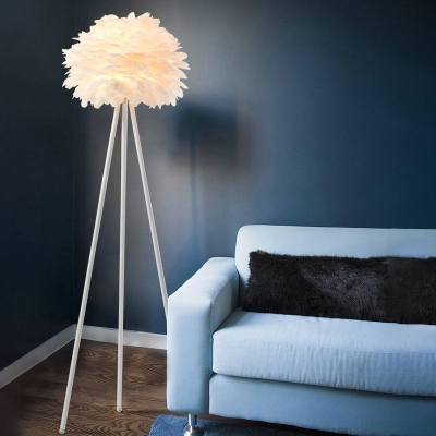White Finish Tripod Floor Standing Light Contemporary 1 Bulb Metal Stand Up Lamp with Feather Deco