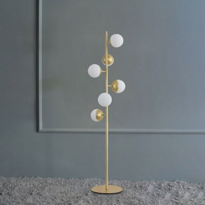 White Glass Orb Shade Floor Lamp Postmodern 6 Bulbs LED Branching Standing Light in Gold