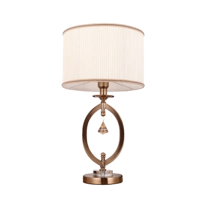 1 Bulb Night Lamp Modern Bedroom Table Light with Cylinder Pleated Fabric Shade in Brass