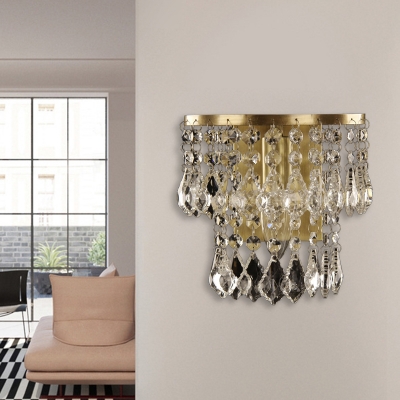2-Layer Crystal Pendalogues Flush Mount Country Style 1 Light Living Room Wall Lamp in Brass