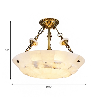 3/4 Lights Bowl Semi Flush Lighting Vintage Brass Finish White Glass Ceiling Lamp Fixture, 16