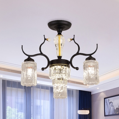 3/6 Heads Bedroom Semi Mount Lighting Modernist Black Close to Ceiling Lamp with Cylinder Clear Crystal Shade