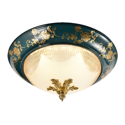 3-Bulb Peony Patterned Bowl Flush Light Vintage Green Frosted Glass Ceiling Mounted Lamp
