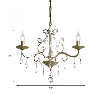 3-Head Candle Style Chandelier Rustic Gold Metal Hanging Lamp with Crystal Drops