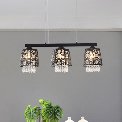 3-Head Dining Room Island Lamp Contemporary Black Finish Crystal Hanging Light Kit with Geometry Metal Shade