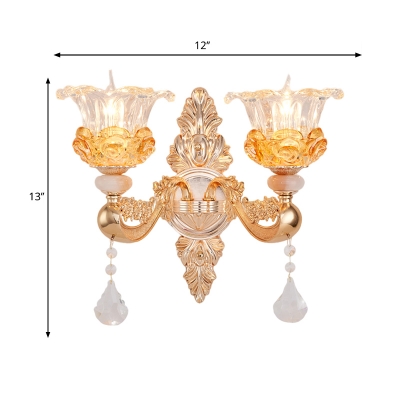 3-Layered Flower Bedside Wall Light Vintage Clear Glass 2-Light Gold Wall Sconce Lighting