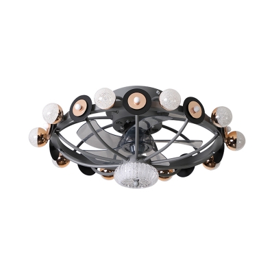 4 Blades Metal Oval Cage Semi Flush Lamp Modernist 11 Lights White/Grey/Coffee Ceiling Fan Light, 25.5