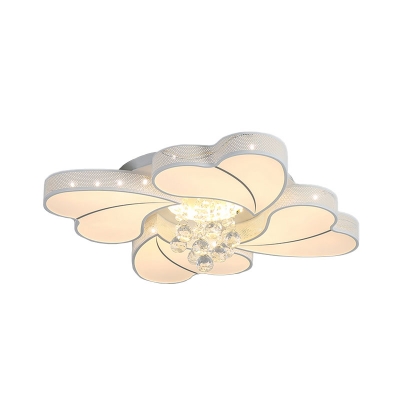 4-Head Loving Heart Ceiling Lamp Modern White Acrylic Flush Mounted Light with Crystal Orb Drops