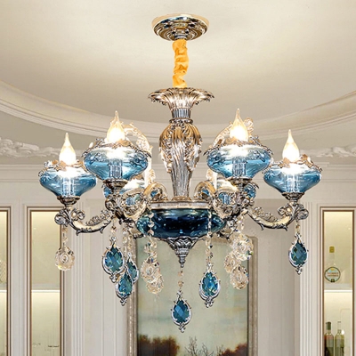 6-Light Blue Crystal Glass Ceiling Chandelier Mid Century Chrome Flower Bedroom Suspension Lamp