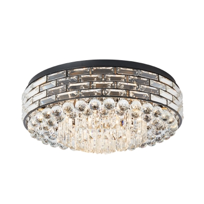 7-Head Living Room Ceiling Flush Modern Black Flush Mounted Light with Drum Faceted Clear Crystal Shade