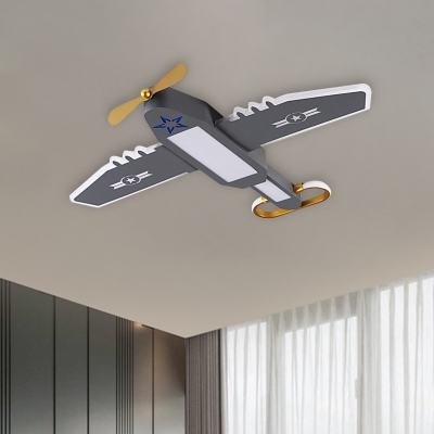 Airplane Boys Bedroom Flush Lighting Metallic LED Cartoon Flush Mount Fixture in Grey