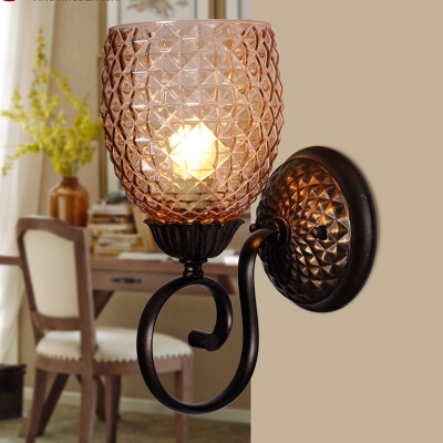 Amber Lattice Glass Cloche Wall Lamp Countryside Single Family Room Sconce Light with Black Scroll Arm