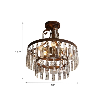 Antiqued 2-Tier Round Semi Flush Lamp 5 Bulbs Rectangle-Cut Crystal Ceiling Light Fixture in Black