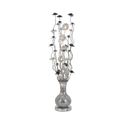 Art Deco Vase and Plant Standing Light Aluminum Wire LED Floor Lamp in Black and Silver, White/Warm Light