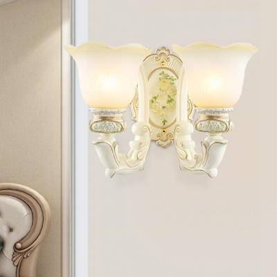 Asian Style Floral Shade Up Wall Lighting Idea 2 Heads White Glass Wall Mount Lamp