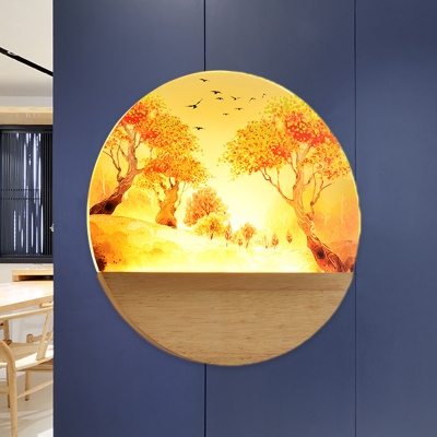 Autumn Forest Wall Mount Mural Lamp Modern Acrylic Corridor LED Wall Lighting in Wood