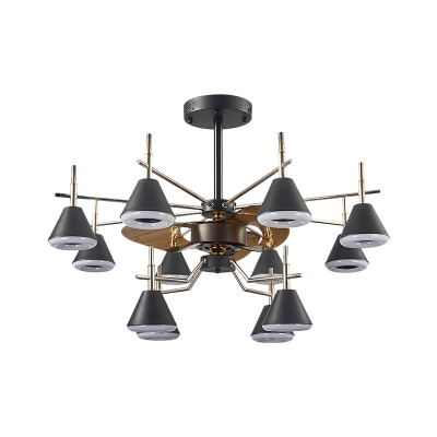 Black Conic Shade Hanging Fan Light Modernist 12 Heads Metal Semi Mount Lighting with 3 Brown Blades, 25.5