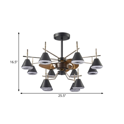 Black Conic Shade Hanging Fan Light Modernist 12 Heads Metal Semi Mount Lighting with 3 Brown Blades, 25.5
