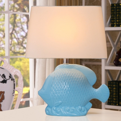 Blue Finish 1 Head Night Light Traditional Ceramics Fish-Shape Nightstand Lamp with Fabric Shade