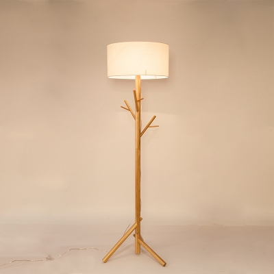 Branch Wood Standing Floor Light Modernism 1-Light Beige Floor Lamp with Drum White Fabric Shade