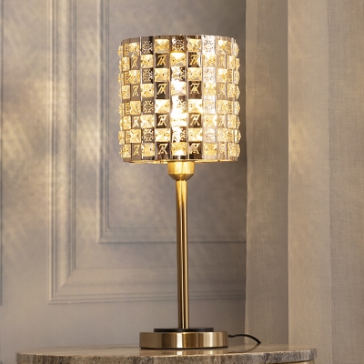 Brass 1-Bulb Night Stand Light Mid Century Crystal Checkered/Gridded Cylinder Table Lamp for Living Room