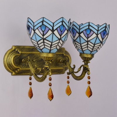 Brass 2-Bulb Wall Light Fixture Craftsman Tiffany Glass Scalloped Wall Mount Lamp in Brass