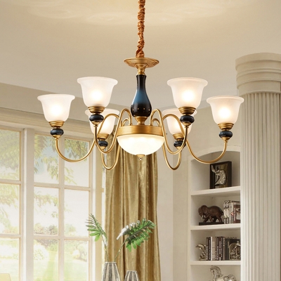 Brass Bell Shade Up Chandelier Countryside Frosted Glass 3/5/6 Lights Living Room Pendant