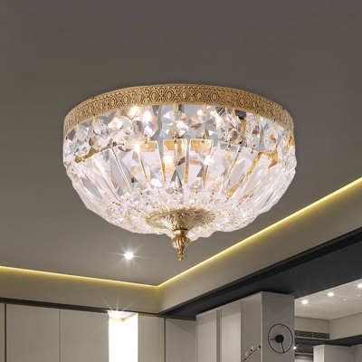 Brass Finish Bowl-Shape Flush Mount Fixture Modern 2 Bulbs Beveled Crystal Ceiling Flush