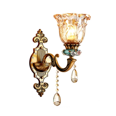 Bronze 1-Head Wall Mounted Light Traditional Umber Crystal Floral Wall Lamp for Bedside