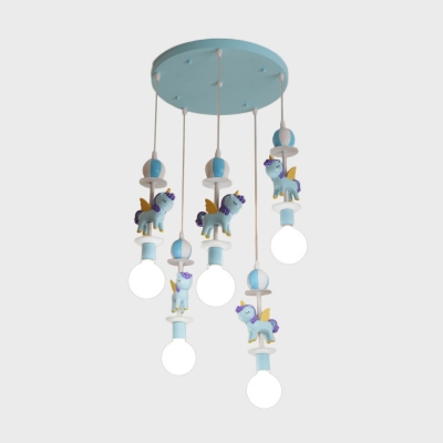 Cartoon Unicorn Cluster Pendant Resin 5 Lights Kids Bedroom Hanging Lamp with Exposed Bulb Design in Pink/Blue