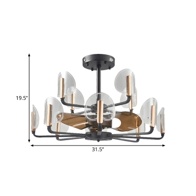 Cattail Leaf Fan Shape Semi Flush Light Modern Acrylic 12-Light Black Radial Pendant Fan Lamp with 3 Brown Blades, 31.5