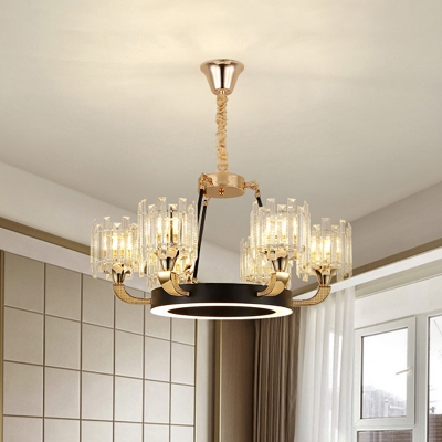 Circle Bedroom Ceiling Suspension Lamp Modern Tri-Sided Crystal Rod 6 Lights Black-Gold Chandelier
