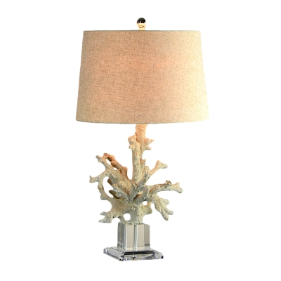 Coral Bedroom Nightstand Lamp Traditional Resin Single Light Beige Table Light with Drum Fabric Shade