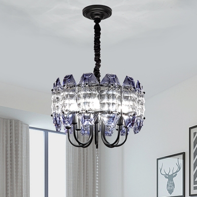 Cut Crystal Drum Chandelier Modernist 8-Bulb Bedroom Hanging Ceiling Light in Black