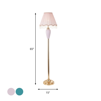 Fabric Cone Shade Stand Up Lamp Traditional 1 Light Drawing Room Fringes Floor Light with Font Ceramics Deco in Pink/Blue