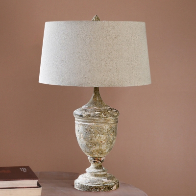 Fabric Distressed White Table Light Drum Shade 1 Head Antiqued Nightstand Lamp with Urn Base