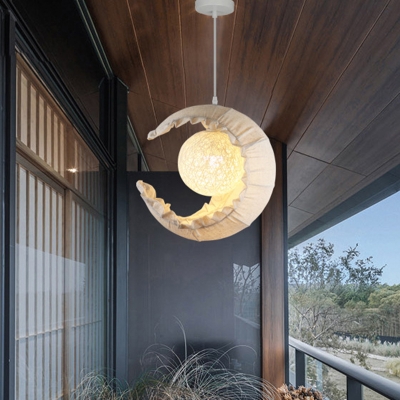 Flaxen Moon Suspension Light Nordic 1-Light Fabric Hanging Lamp Fixture with Globe Rattan Shade