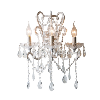 French Country Candle Style Wall Light 3 Bulbs Crystal Strands Sconce Lighting in White