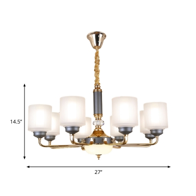 Frosted Glass Gray Blue Chandelier Light 1/2-Tier Cylinder 6/8/12 Heads Traditional Pendant Lamp