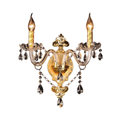 Gold 2 Bulbs Wall Mount Lamp Antiqued Clear Glass Coated Candle Sconce Light with Crystal Drop