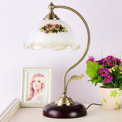 Gold C Arm Night Lamp Countryside Metal 1-Light Bedroom Table Lighting with Dome Patterned Glass Shade