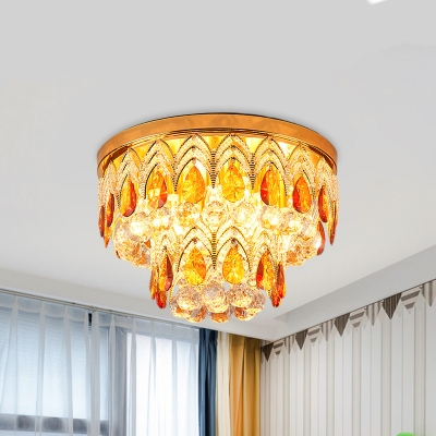 Gold Finish 2-Tier Round Flush Lighting Traditional Tan and Clear Crystal 6-Head Bedroom Flushmount
