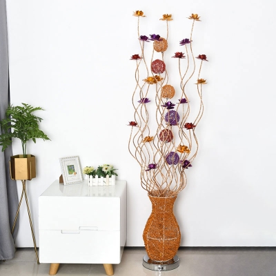 Gold Finish Potted Plant Stand Up Light Art Deco Aluminum Wire Living Room LED Floor Lamp with Colorful Floret Detail