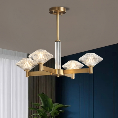 Gold Radial Chandelier Light Postmodern Metal 4/6-Bulb Bedroom Hanging Pendant with Gyro Crystal Shade