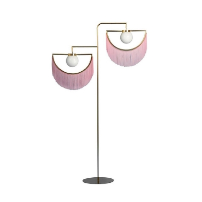 Gold Semicircle Floor Lighting Contemporary 2 Heads Metal Standing Floor Lamp with Pink Tassels Deco